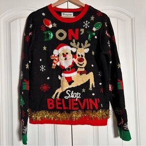 No Boundaries “ Don’t Stop Believing” Christmas Sweater Size Large